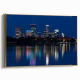 Framed canvas featuring a vintage-style landscape painting of Minneapolis with a gold frame, ideal for bedroom wall art.
