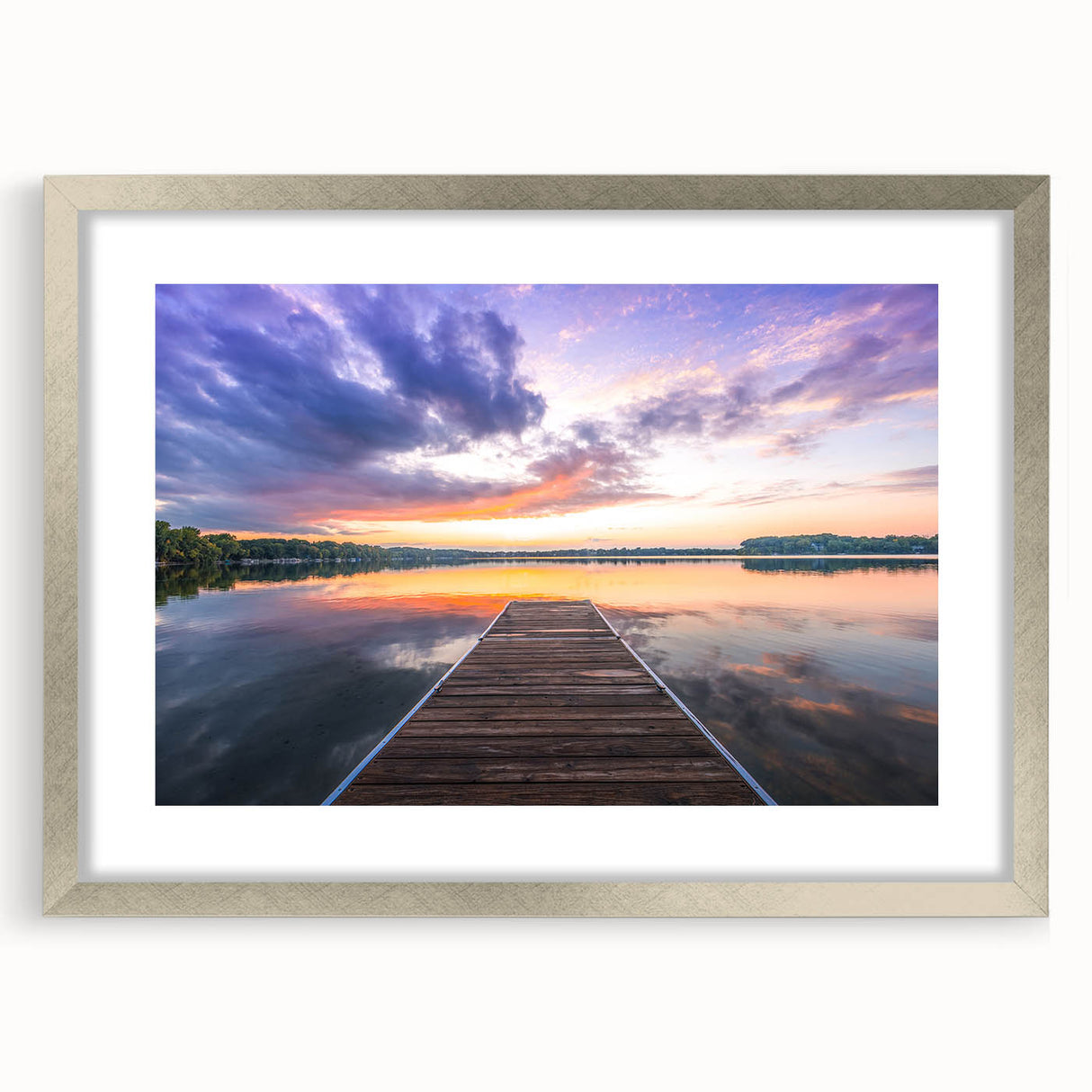 Abstract textured art print depicting a serene Minnesota landscape in cool blue and gray tones, framed with a silver mat.