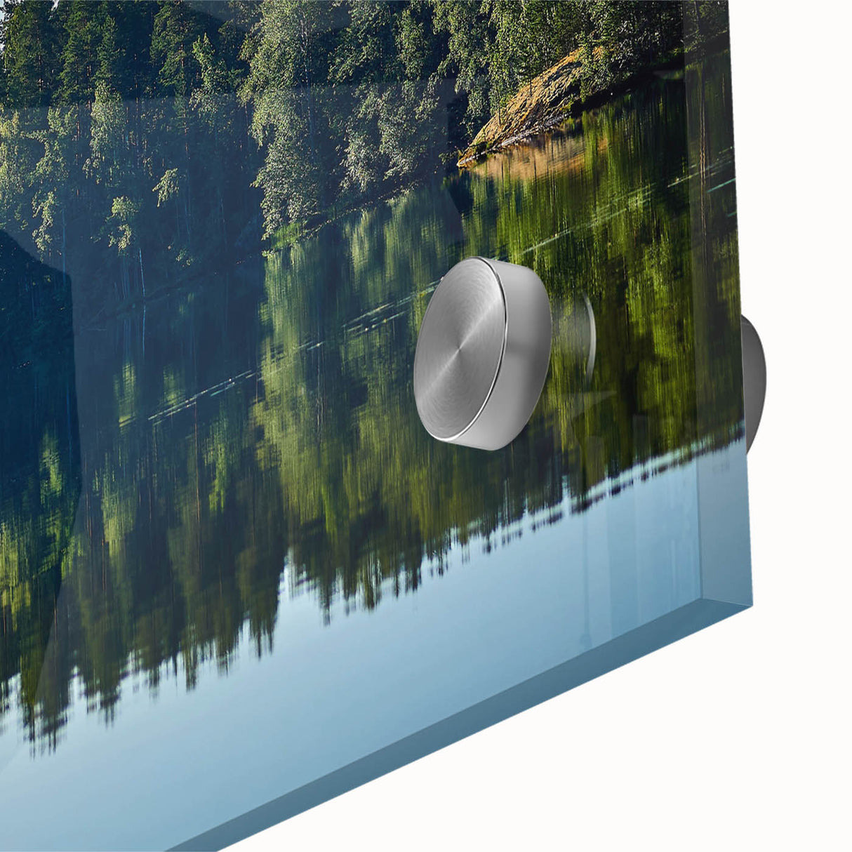 Mid-century modernist abstract scenery in muted brown and green tones on acrylic glass, suitable for dining room art.