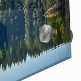 Mid-century modernist abstract scenery in muted brown and green tones on acrylic glass, suitable for dining room art.