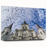 Acrylic print of the St. Louis skyline in muted blue and gray tones, suitable for bedroom or dining room decor.