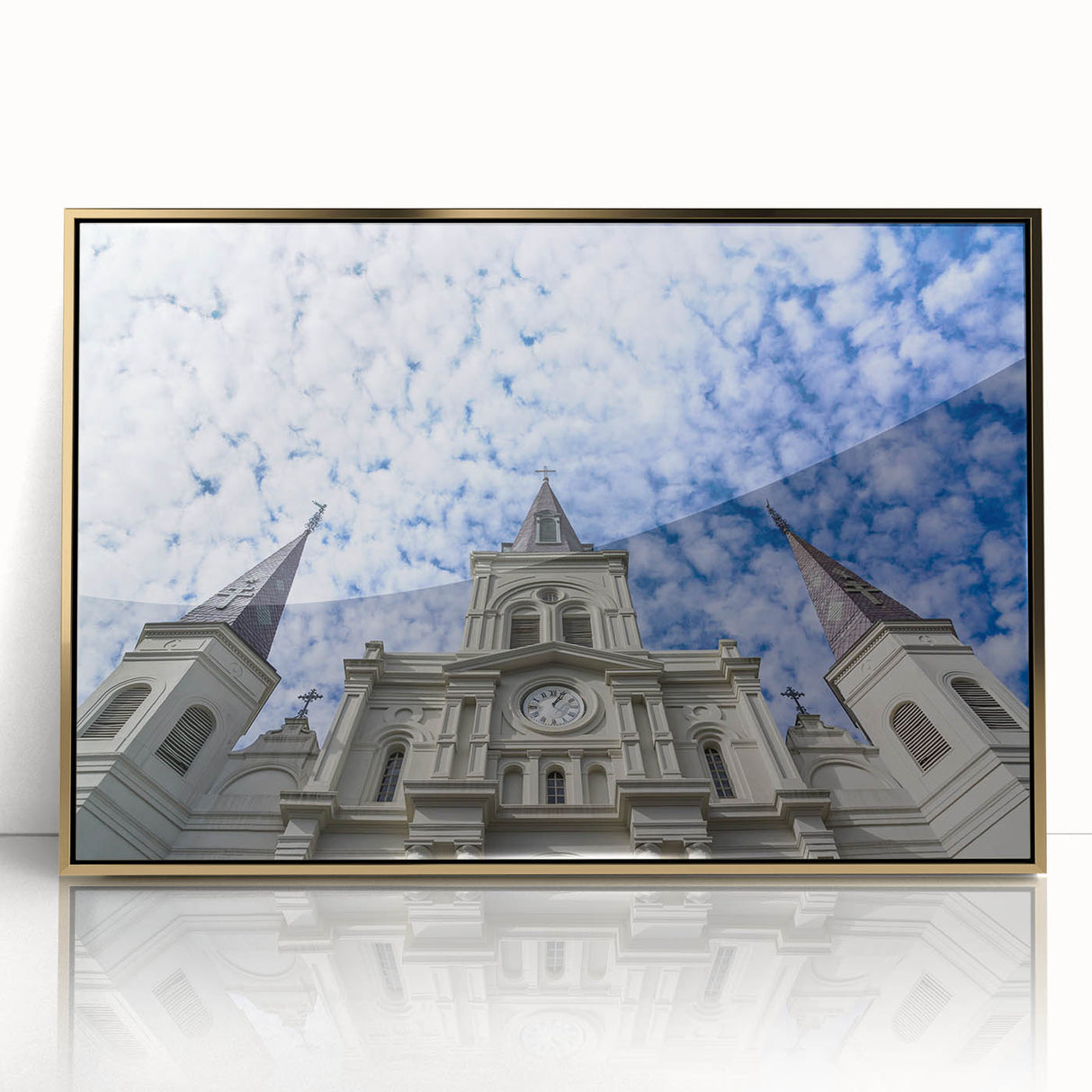Mid-century modernist art of St. Louis skyline in gold and blue hues on framed acrylic, suitable for modern art wall decor.