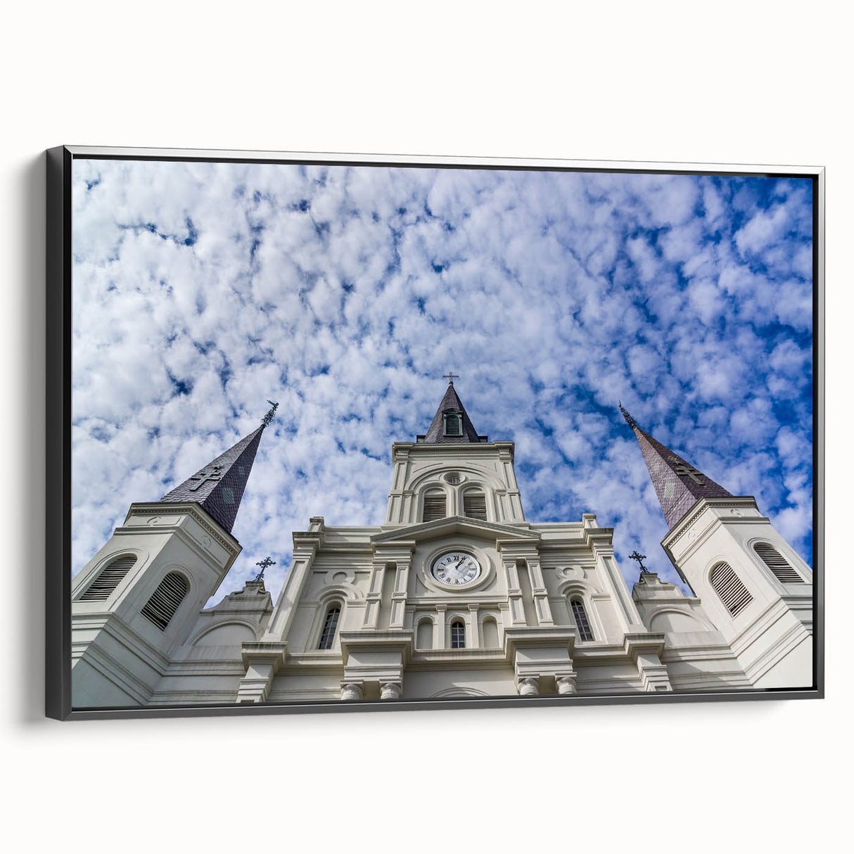 Black and white wall art featuring a vintage-style landscape painting of the St.