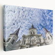 Stretched canvas print of St. Louis skyline in muted blue and gray tones, ideal for kitchen wall art.
