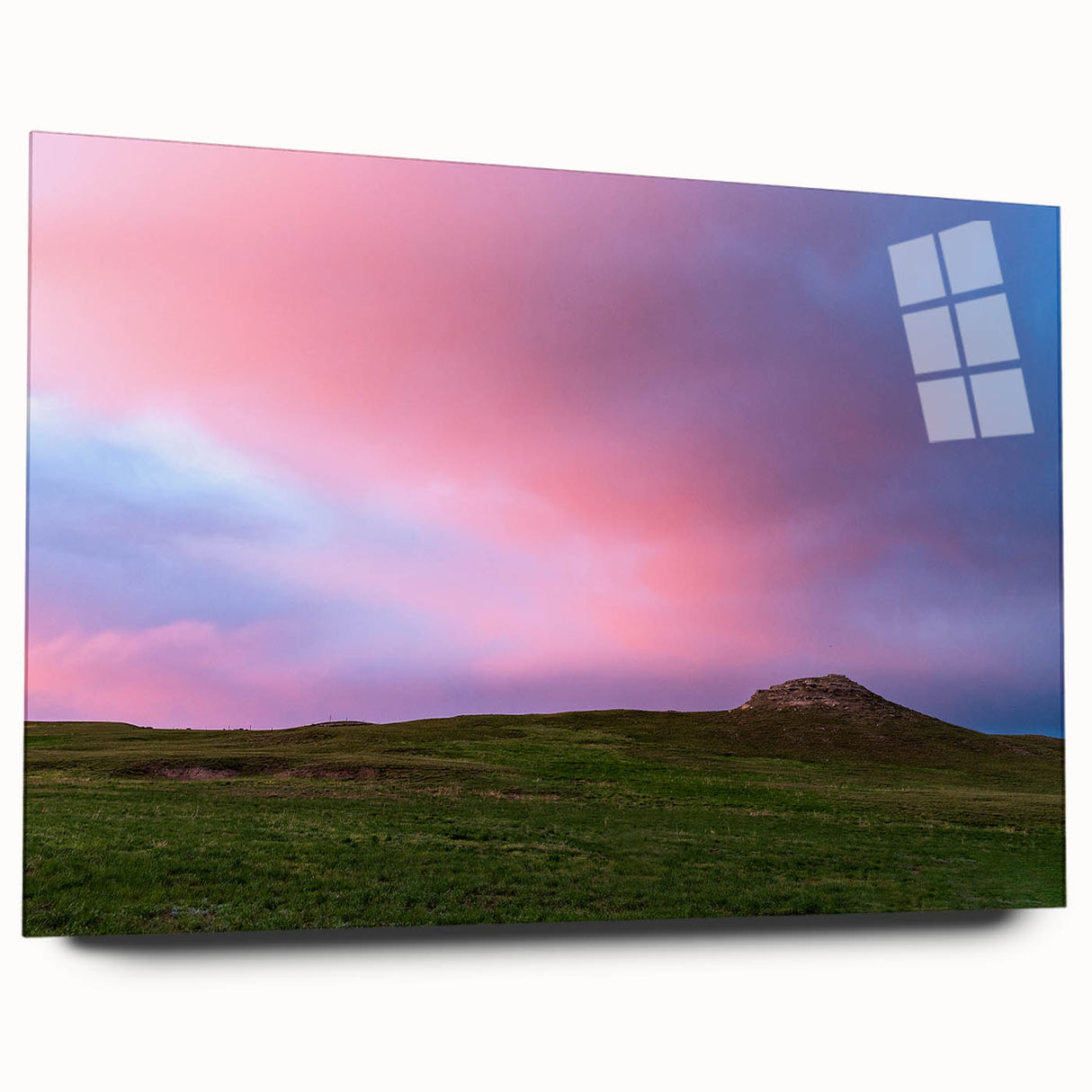 Large abstract acrylic print depicting a serene Nebraska landscape in muted earth tones.