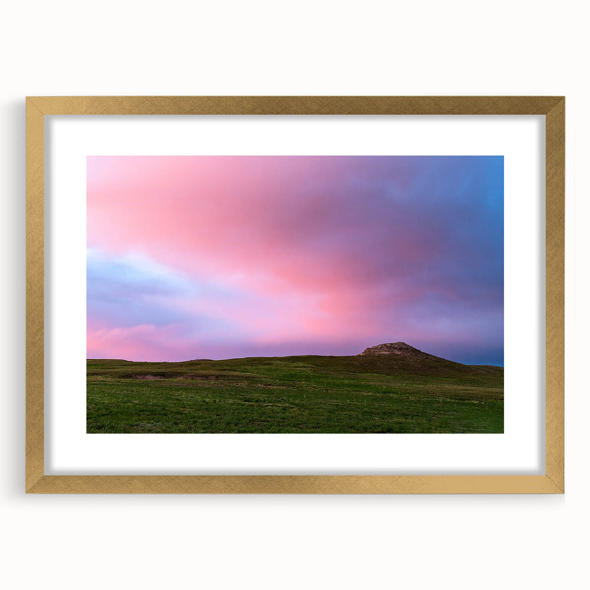 Extra large abstract art print of a textured Nebraska landscape in muted earth tones, framed in gold.
