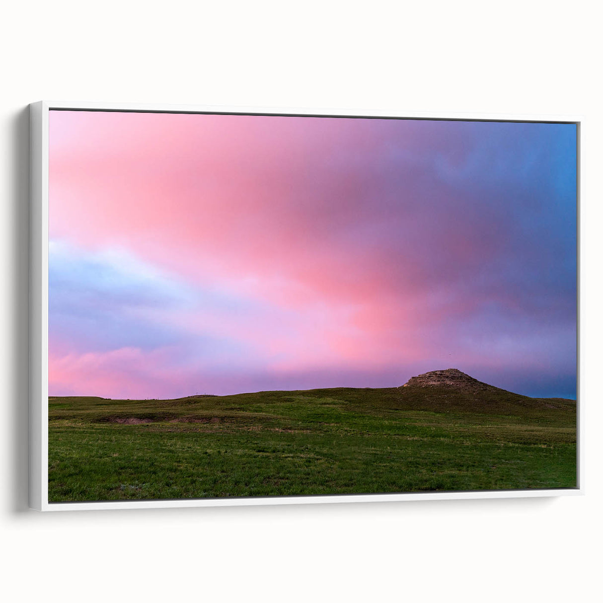 Vintage poster art of Nebraska scenery on framed canvas, featuring vibrant green and blue tones, ideal for living room decor.