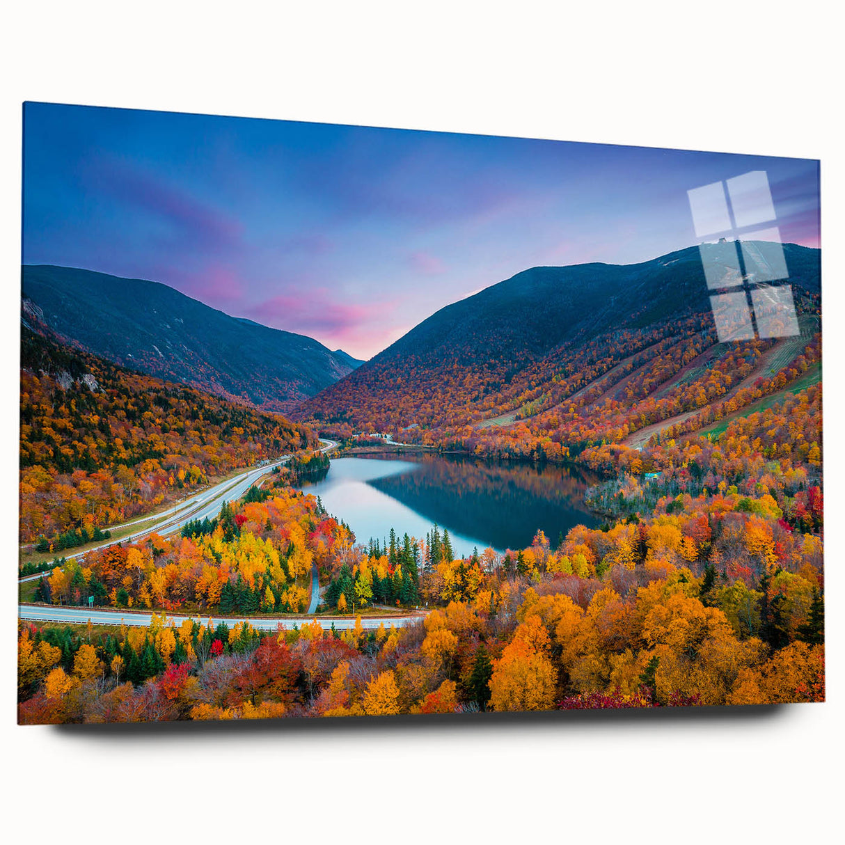 Large abstract wall art depicting a serene New Hampshire landscape in cool blue and green tones on acrylic glass.
