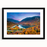 Extra large abstract art print of a textured, colorful New Hampshire scenery in a black frame, ideal for living room decor.