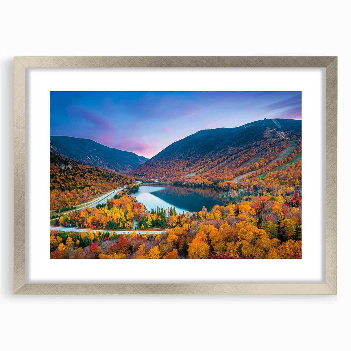 Textured art print of an abstract New Hampshire landscape in muted earth tones, framed in silver, ideal for bedroom art.