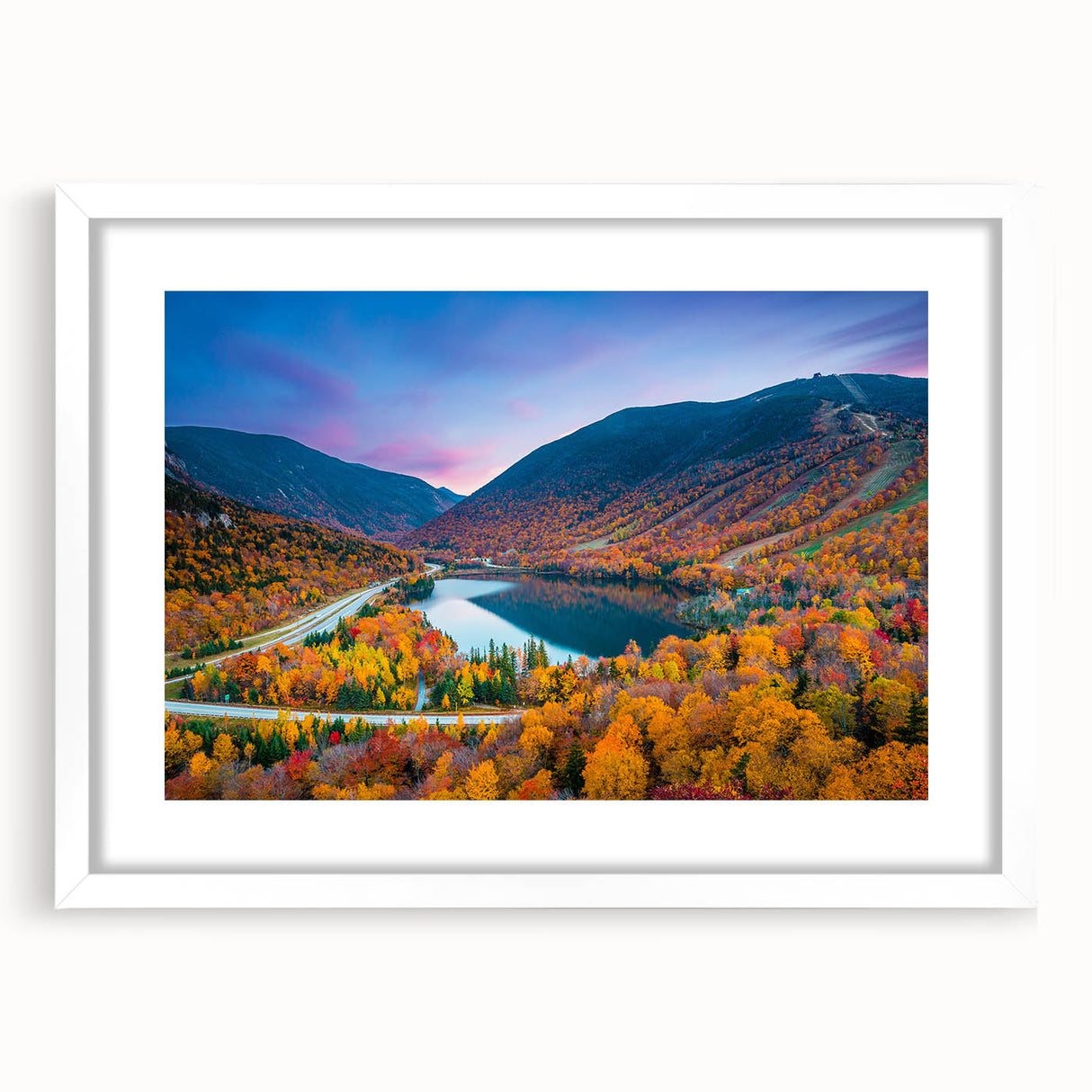 Abstract art print of New Hampshire scenery in muted green and blue tones, framed with a white mat.