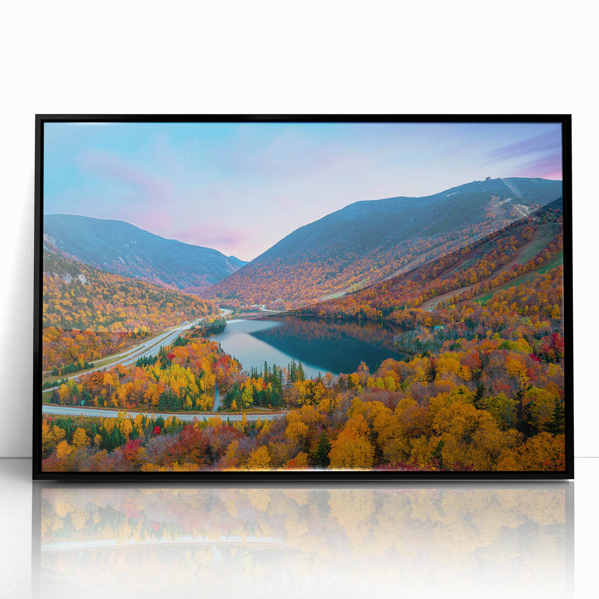 Large abstract wall art depicting a New Hampshire scenery in muted earth tones, framed in black acrylic.