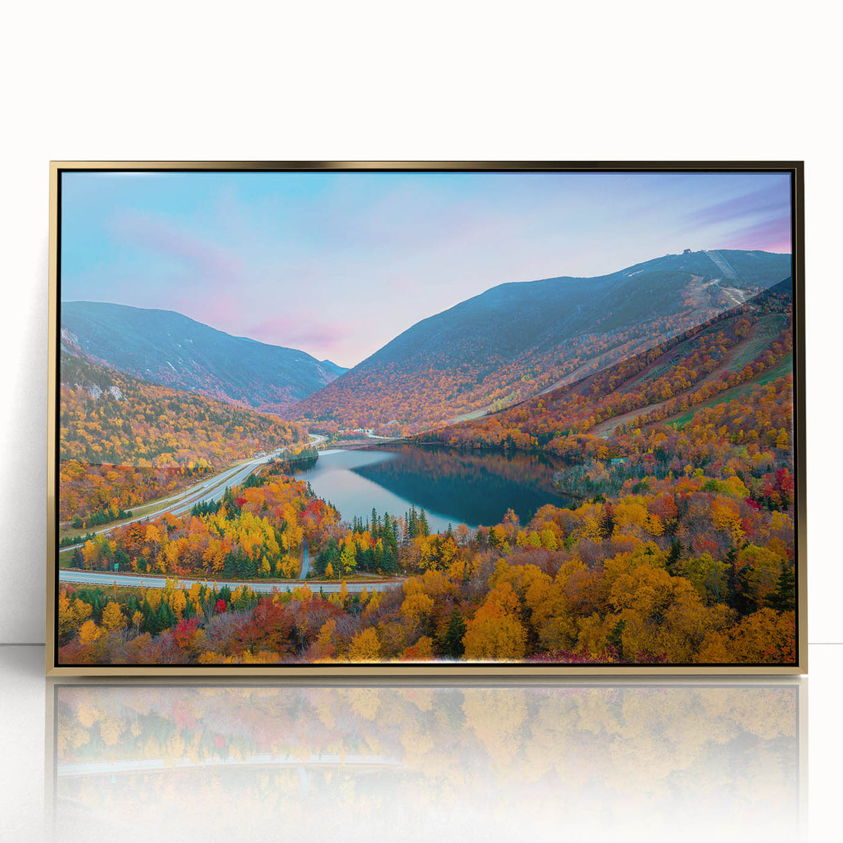 Mid-century modernist acrylic print of a New Hampshire landscape in muted earth tones, framed in gold.