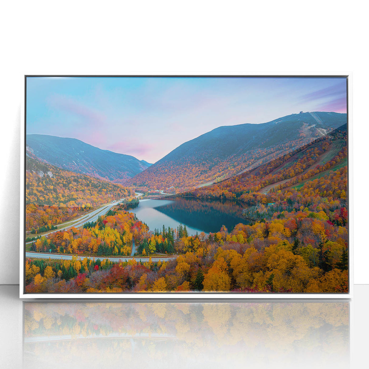 Acrylic print of a serene New Hampshire landscape in muted green and blue tones, framed in white.