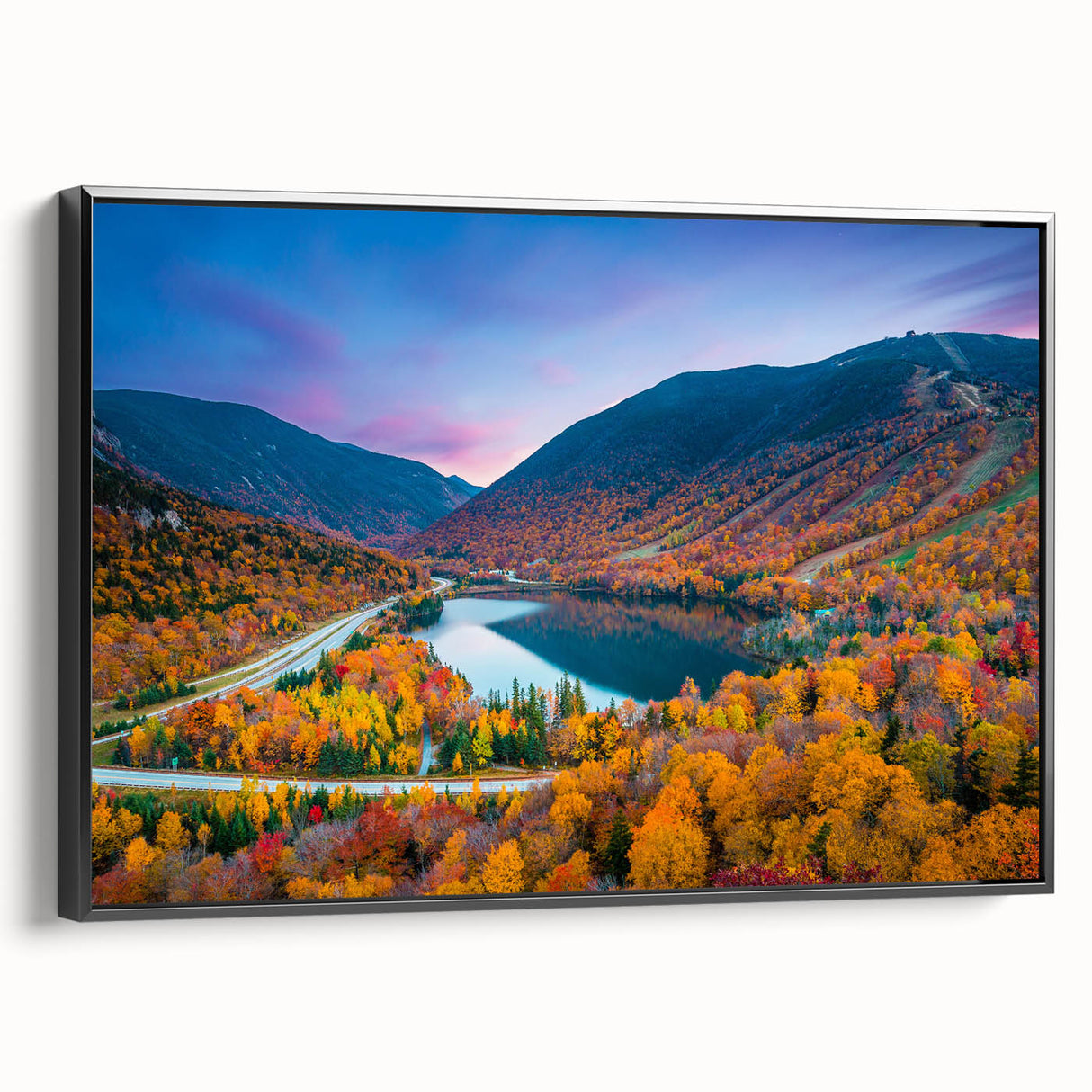 Black and white landscape art painting of New Hampshire on framed canvas, ideal for bedroom wall decor.