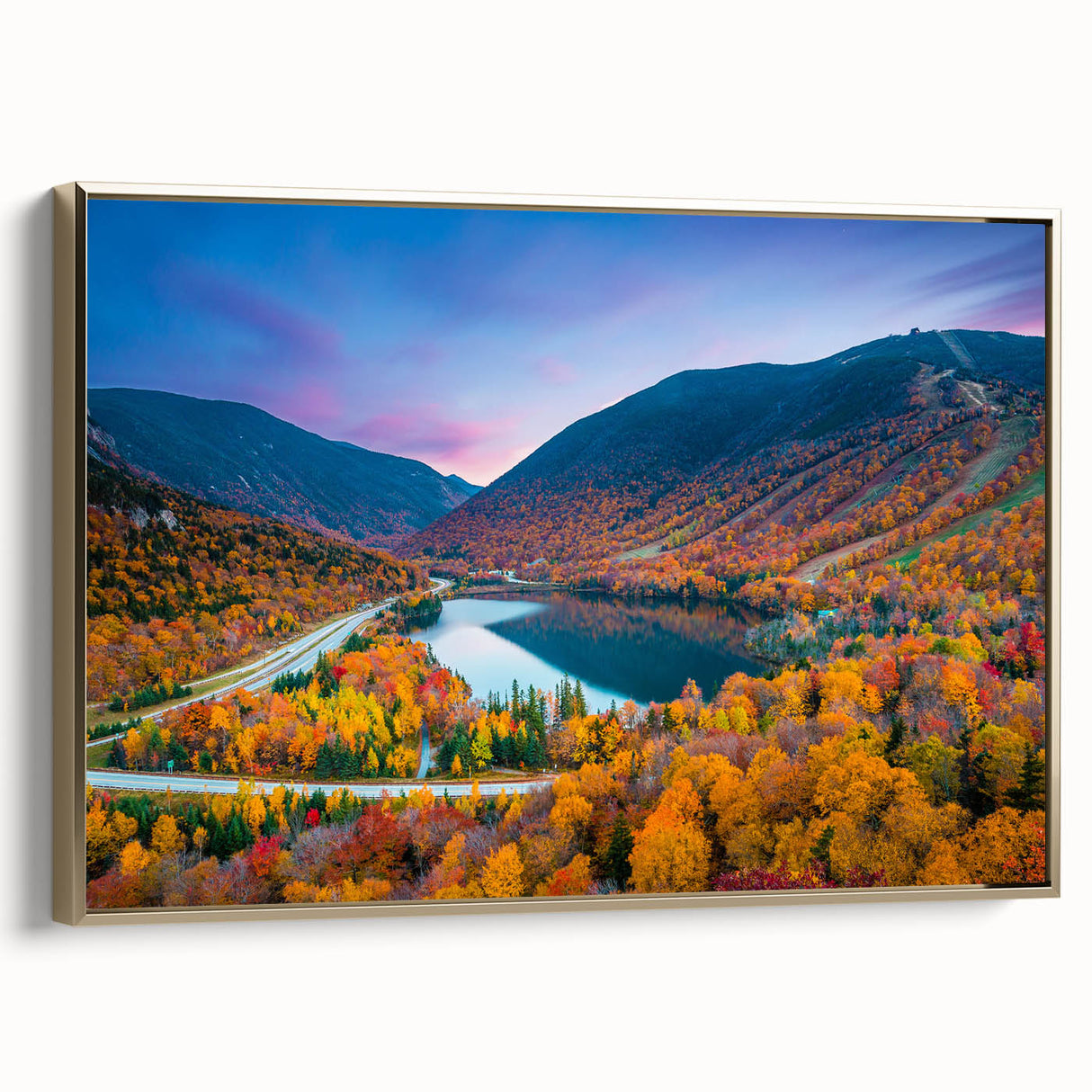 Framed canvas featuring a vintage-style landscape painting of New Hampshire in black and gold tones, ideal for bedroom decor.