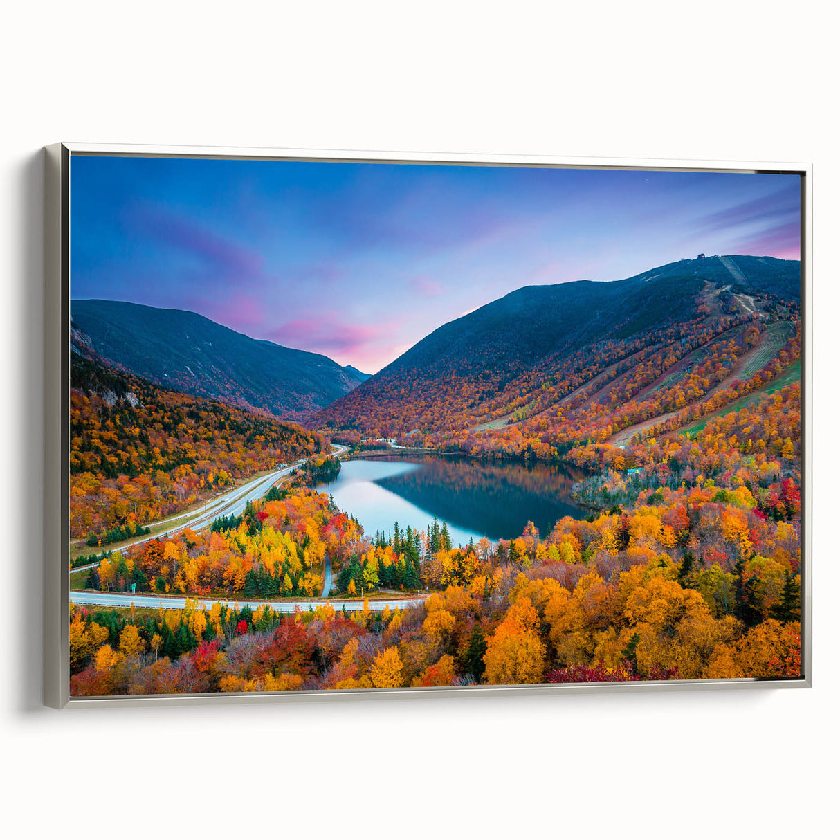Landscape art painting of New Hampshire scenery on framed canvas, featuring silver hues with colorful accents.