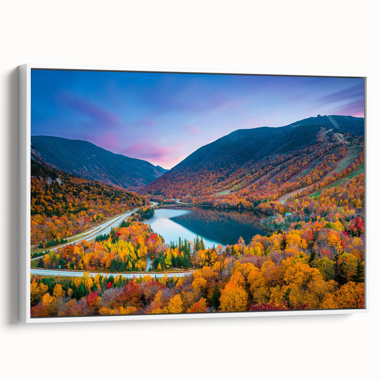 Vintage poster art of a New Hampshire landscape on a framed canvas, featuring colorful art in extra large size.