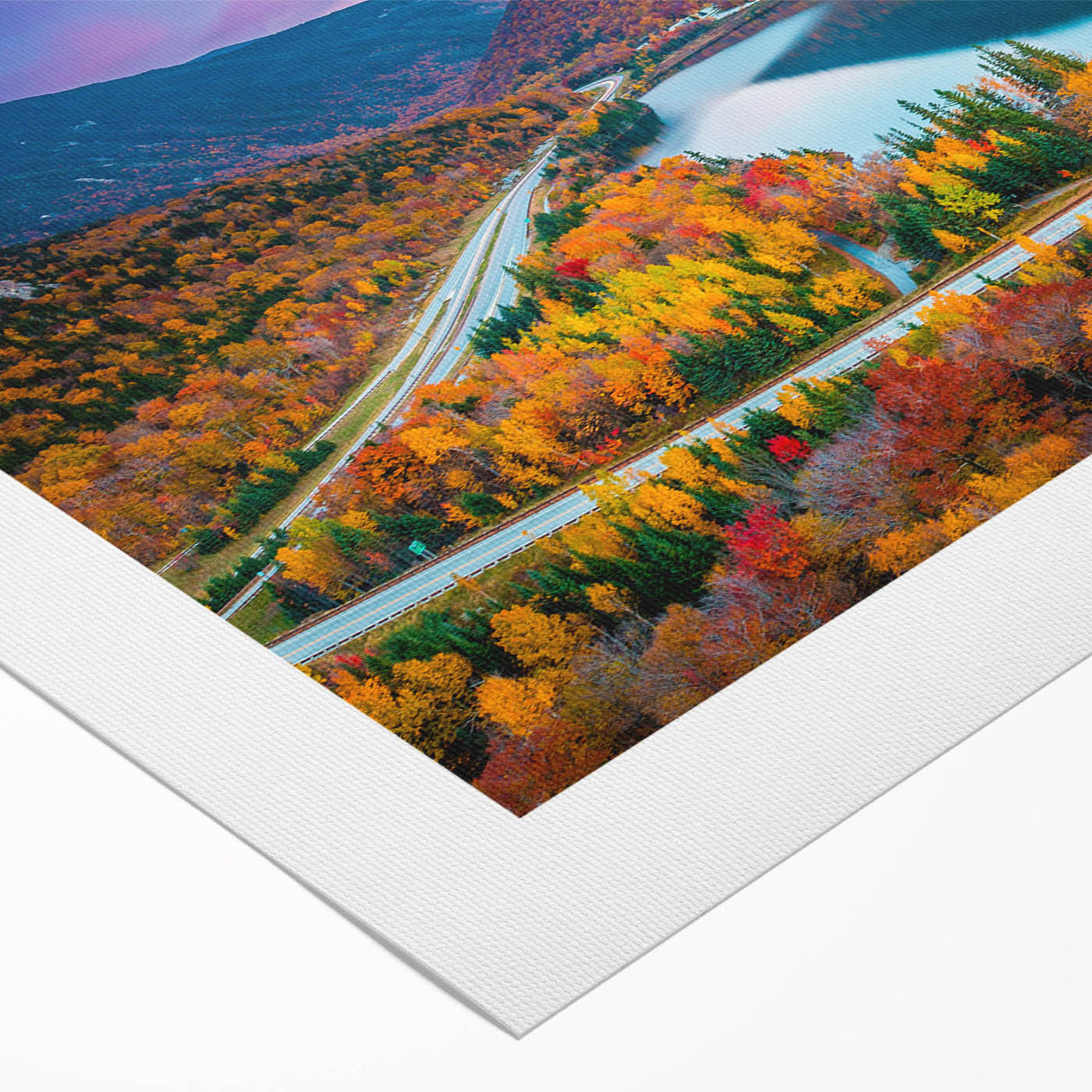 Art deco poster featuring a serene New Hampshire landscape in muted green and blue tones on rolled canvas.