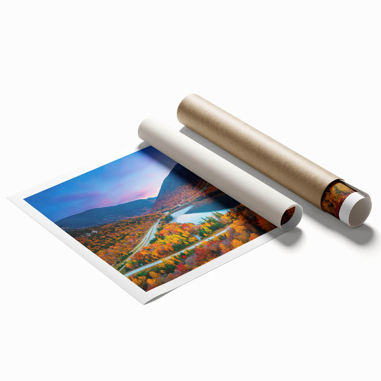 Rolled print of a serene New Hampshire landscape with soft floral elements, ideal for classy bathroom wall art.