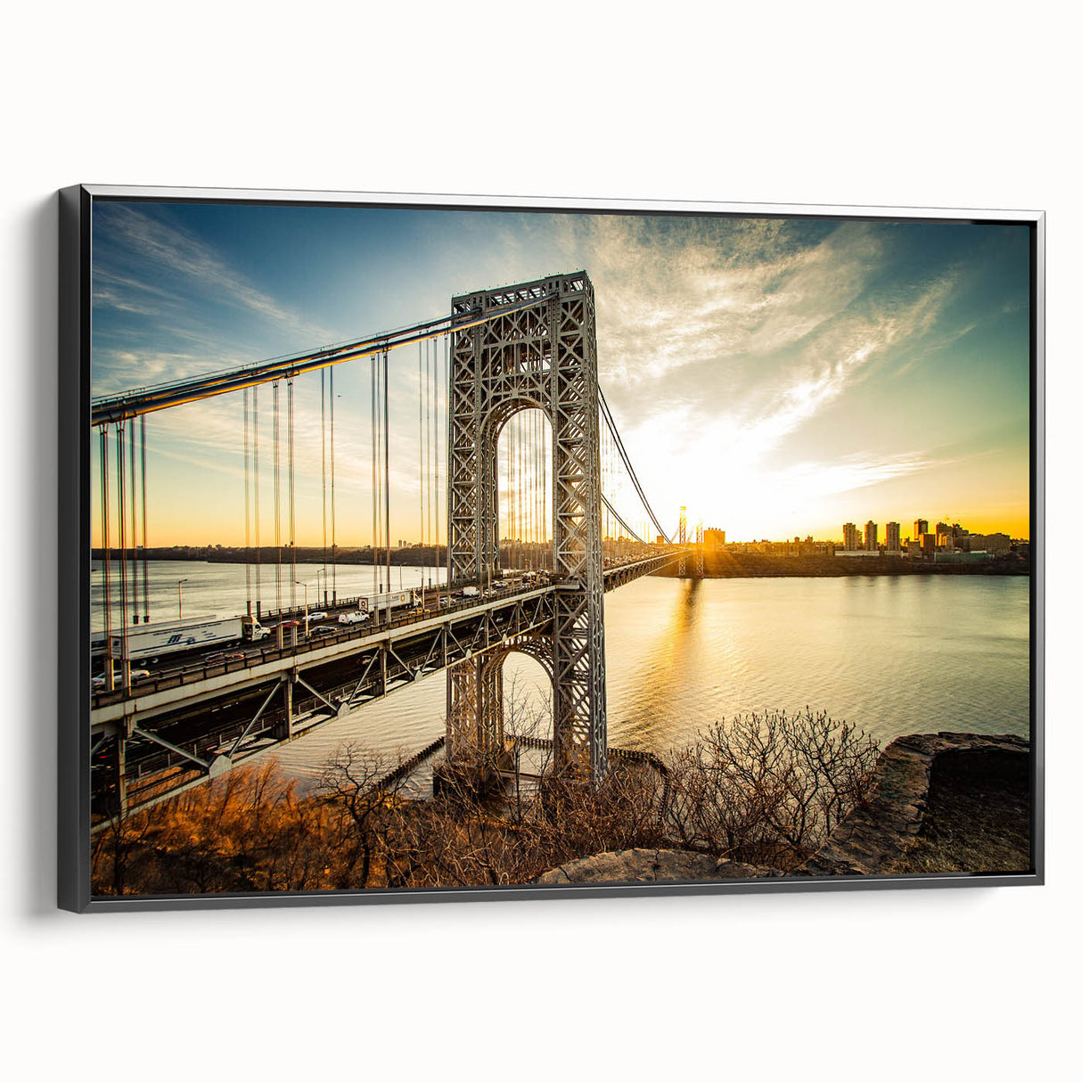 Black and white vintage poster art of a New Jersey landscape on framed canvas, ideal for bedroom decor.