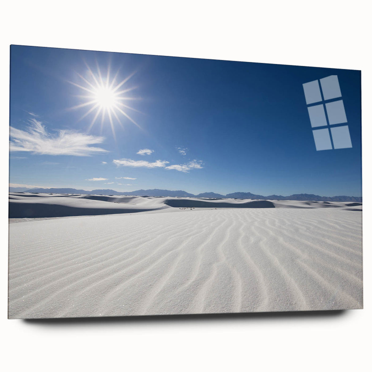 Large abstract wall art depicting White Sands, New Mexico in muted gray tones on acrylic glass.