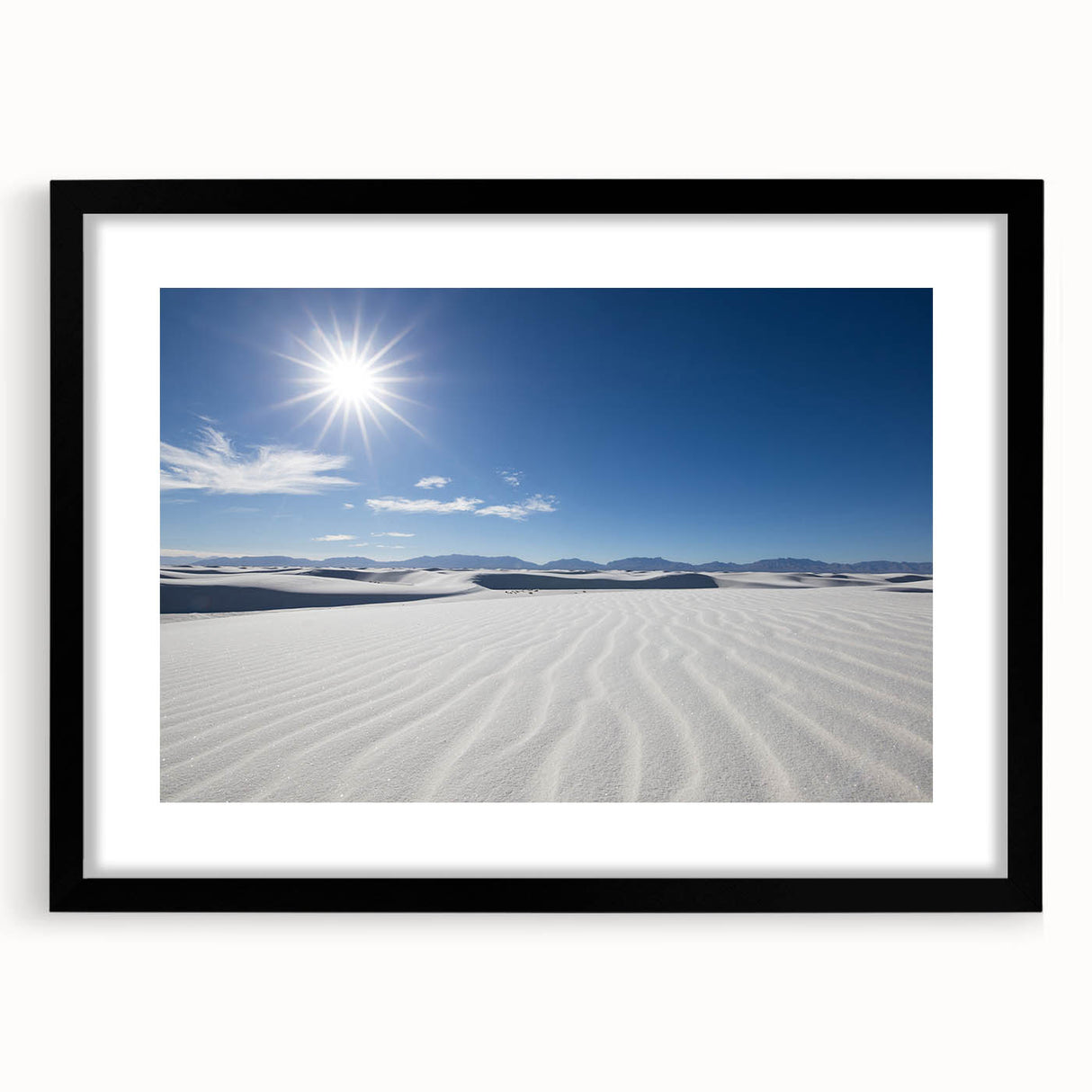 Extra large abstract art print of White Sands in New Mexico, featuring textured, colorful hues on a framed black mat.