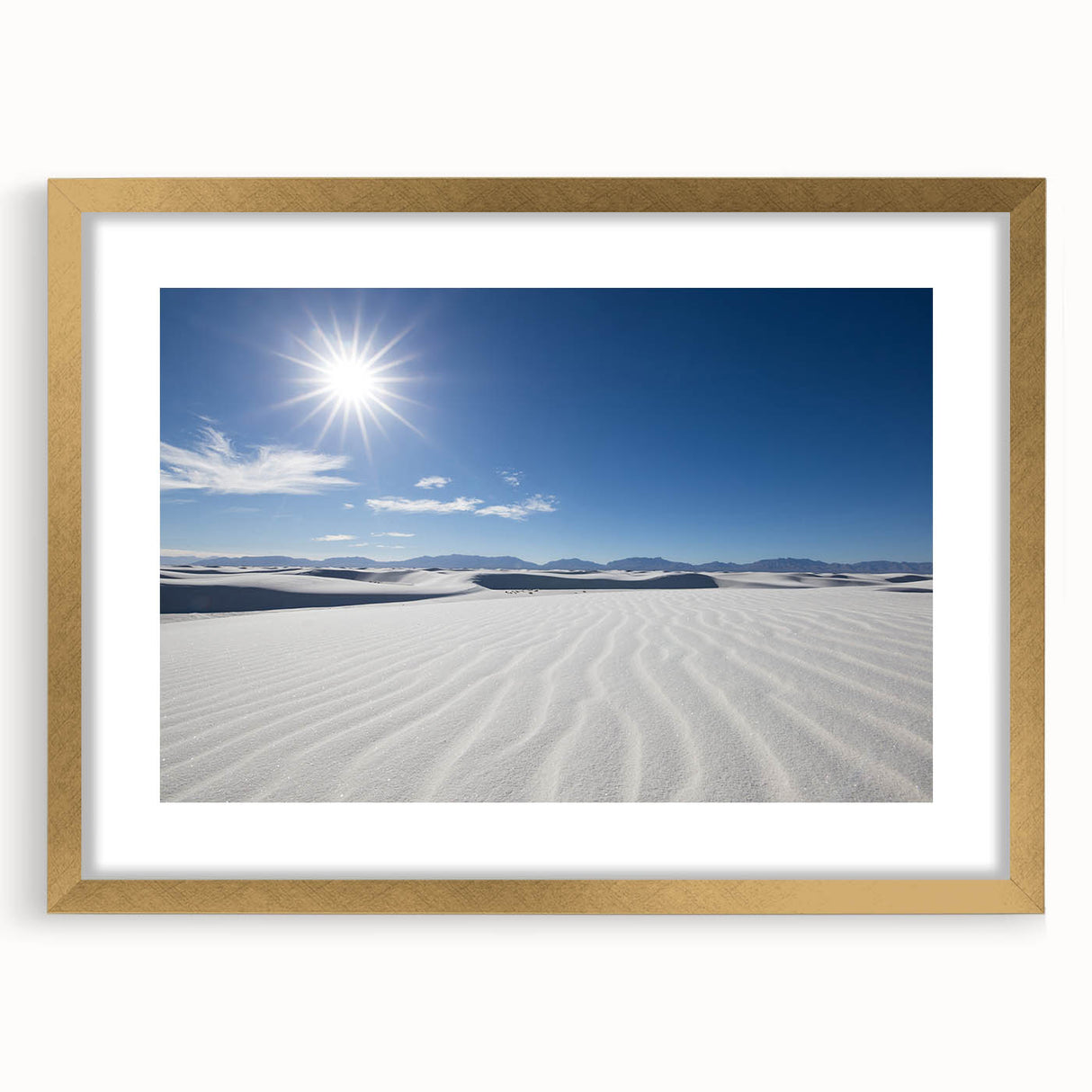 Extra large wall art featuring abstract textured depiction of White Sands, New Mexico, in muted earth tones, framed in gold.