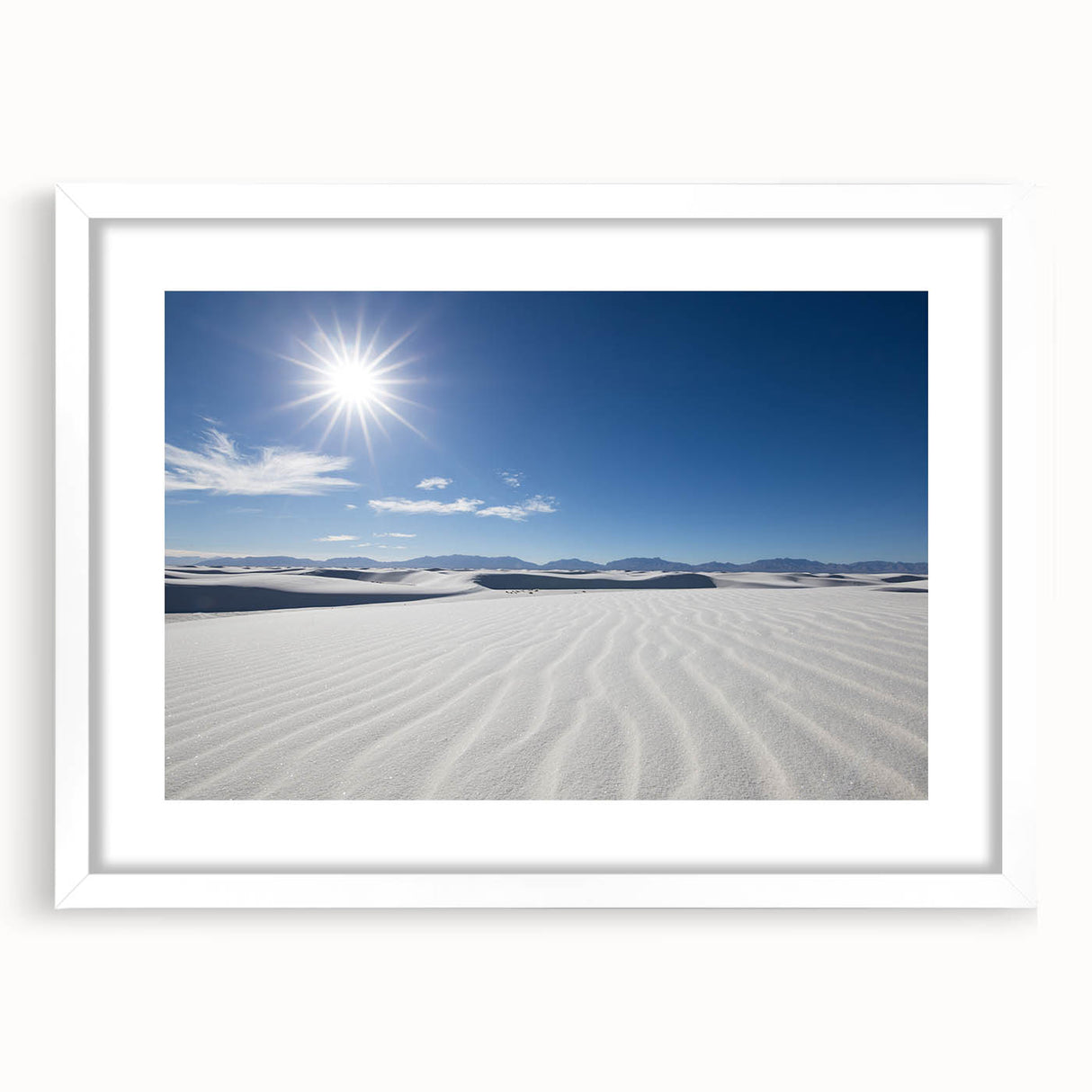 Abstract art print of White Sands, New Mexico, in muted beige tones on a framed canvas.