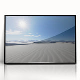Large abstract wall art depicting the White Sands in New Mexico, in muted earth tones on a framed acrylic.