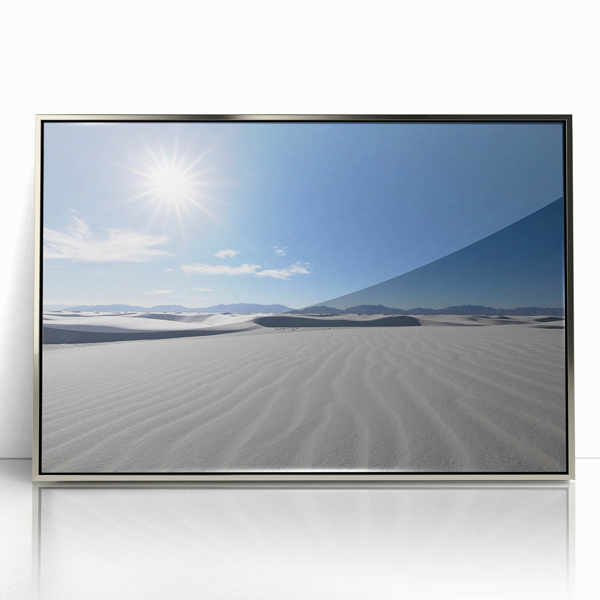 Mid-century modernist art depicting White Sands, New Mexico in muted gray and blue tones on a framed acrylic print.