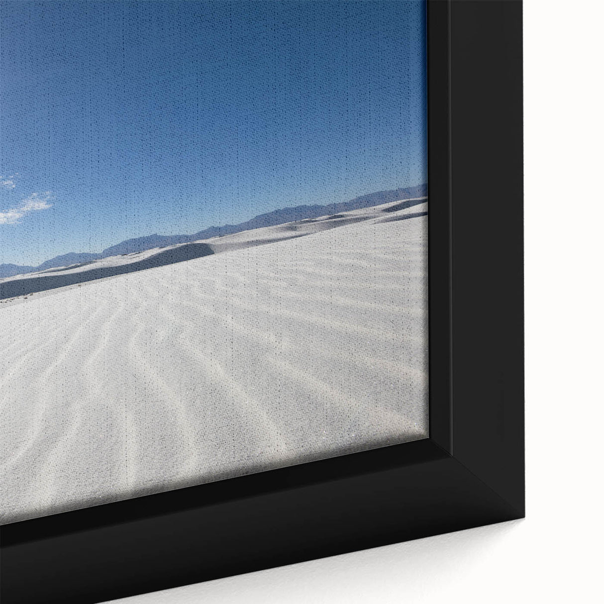 Extra large black wall art depicting White Sands, New Mexico on textured canvas, framed and ideal for living room decor.