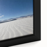 Extra large black wall art depicting White Sands, New Mexico on textured canvas, framed and ideal for living room decor.