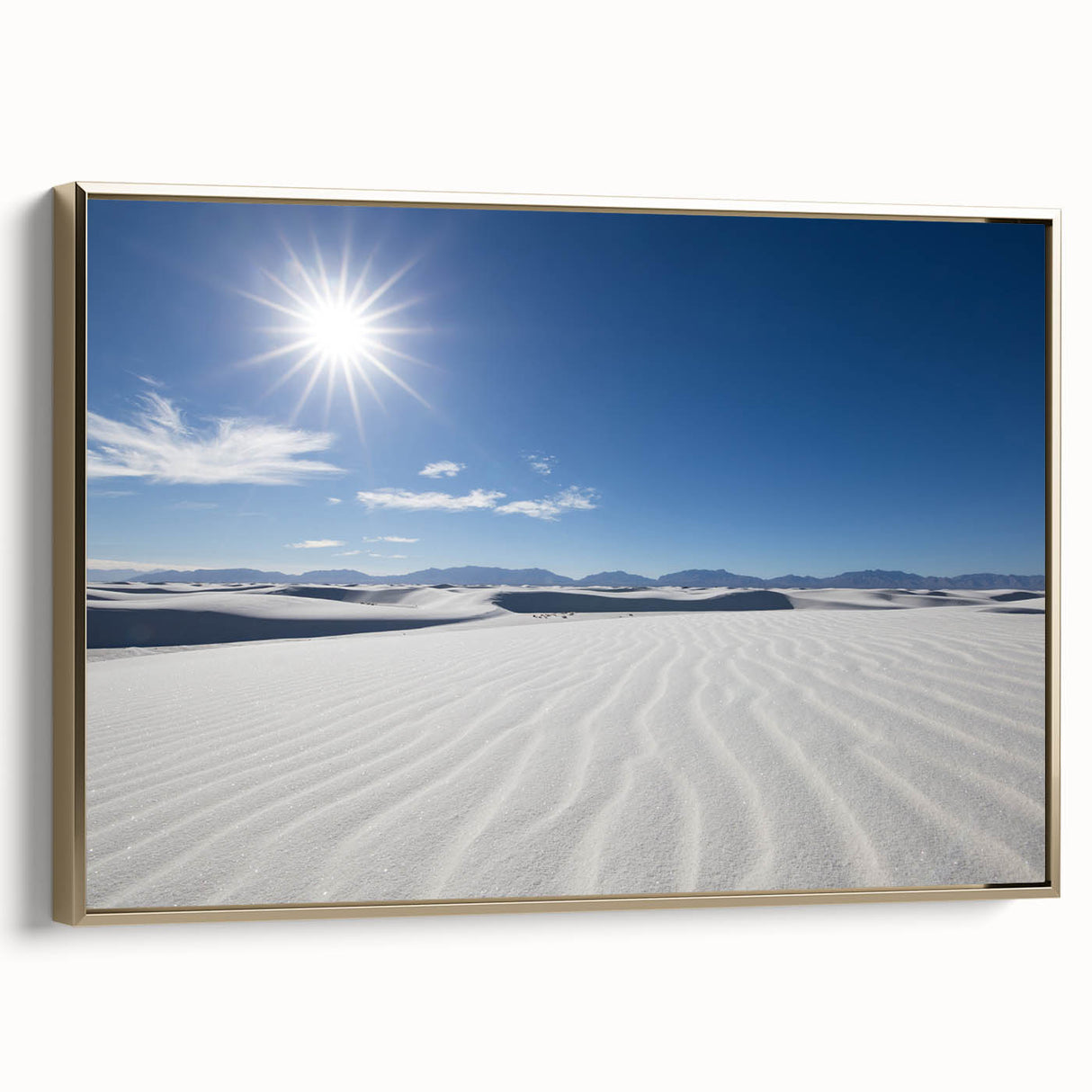 Framed canvas of White Sands, New Mexico landscape in muted beige and white tones, ideal for bedroom wall art.