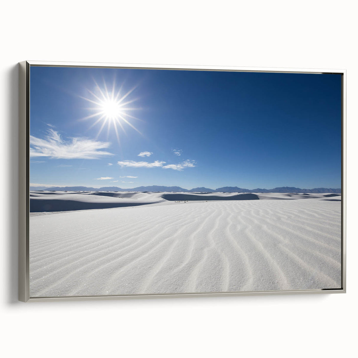 Framed canvas landscape art paintings of White Sands, New Mexico in muted earth tones, ideal for a contemporary living room.