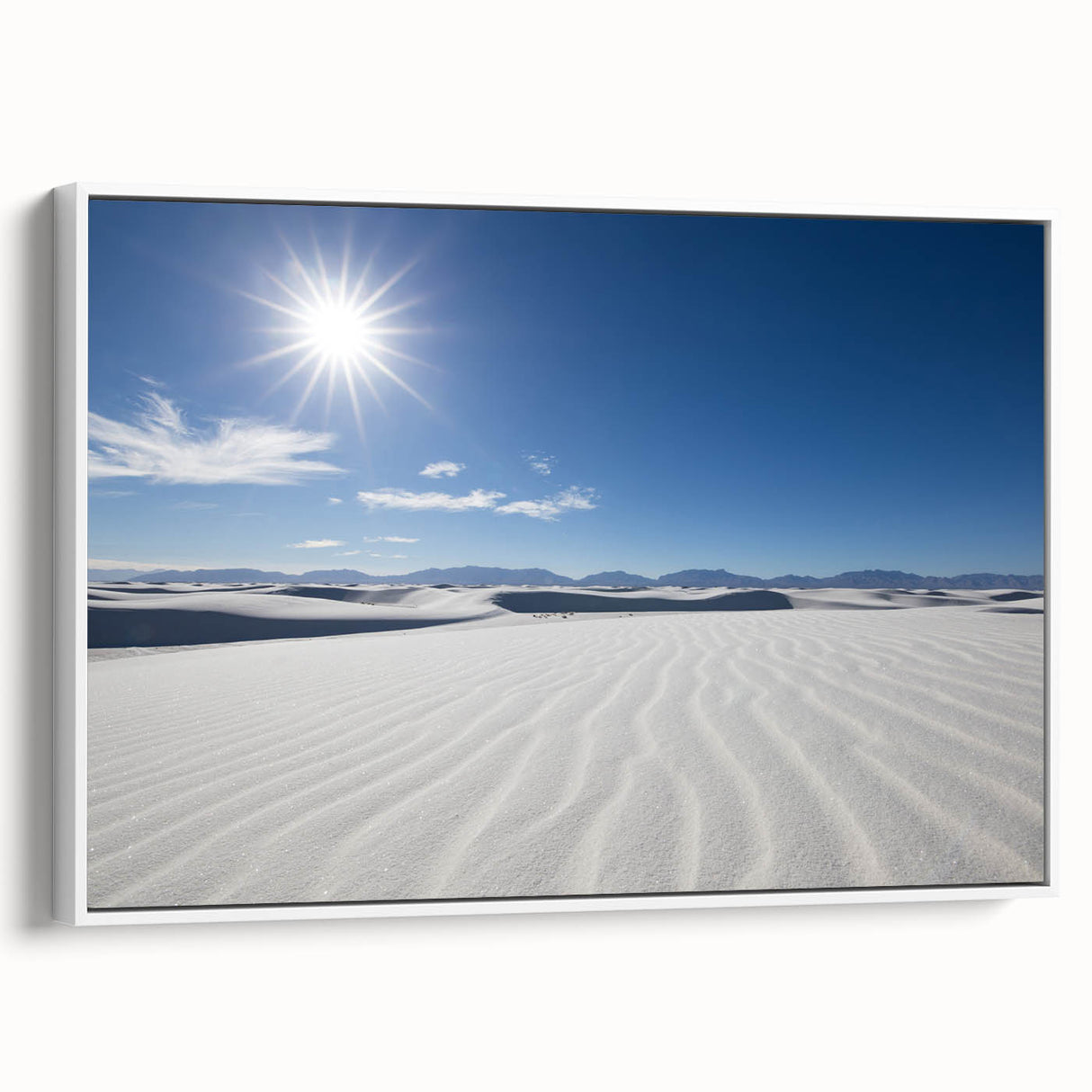 Vintage poster art of New Mexico's White Sands in vibrant colors on a framed canvas, suitable for large living room walls.