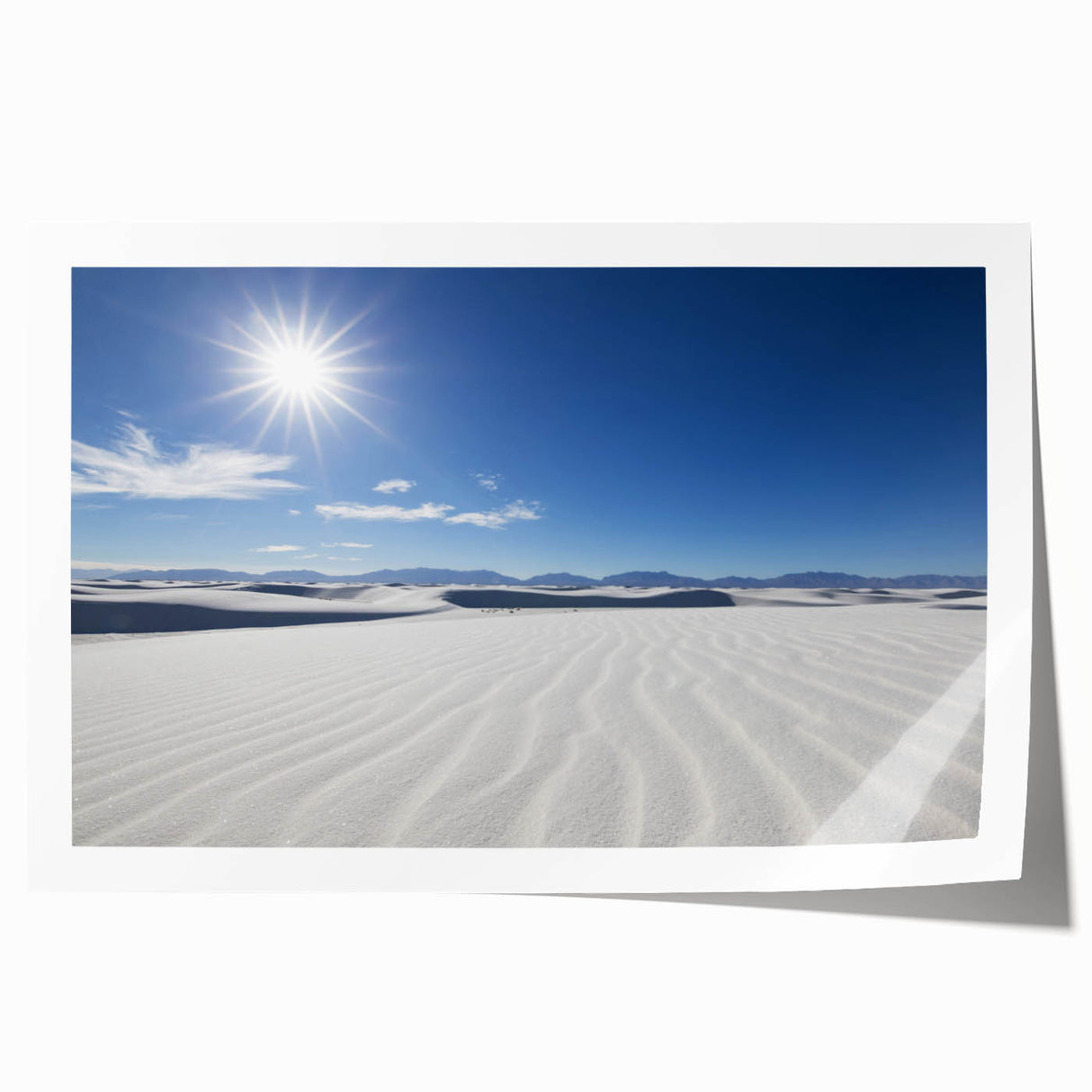 White Sands desert landscape on a rolled print, featuring soft pastel blue and pink sky, ideal for art wall dining room.