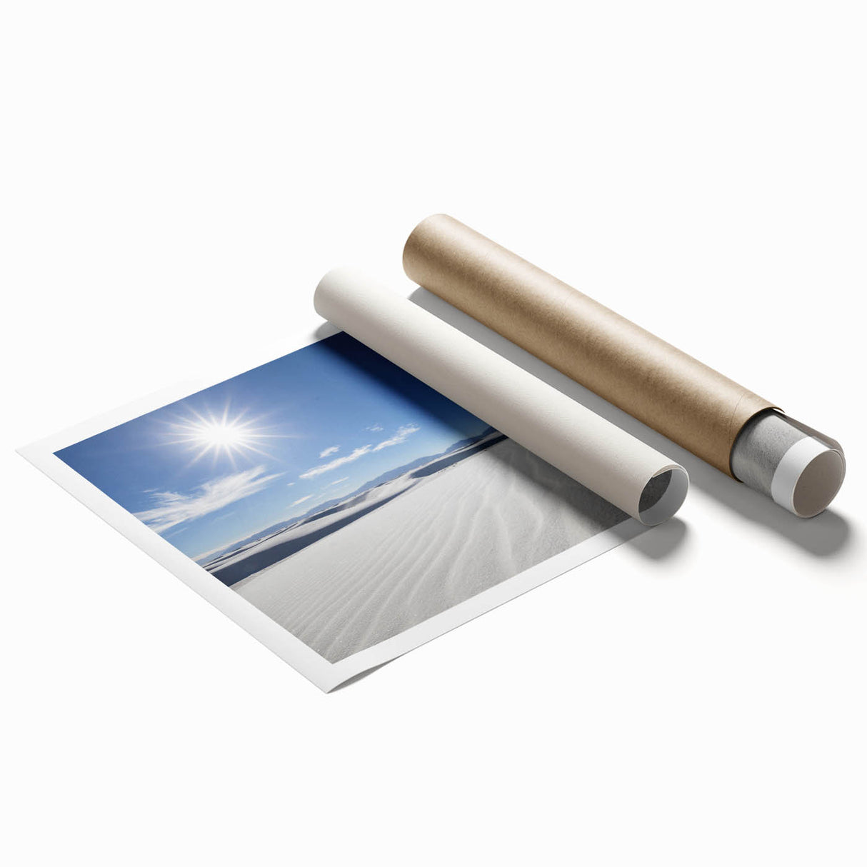 White sands desert landscape in soft pastel shades on a rolled print, suitable for classy bathroom wall art.