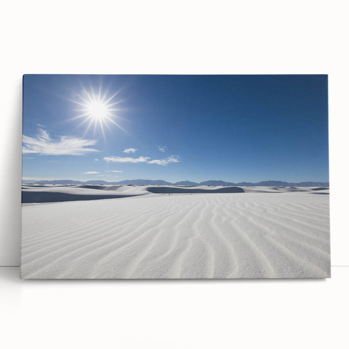 Black and white photograph of White Sands, New Mexico on stretched canvas, ideal for kitchen wall art or bedroom ambiance.