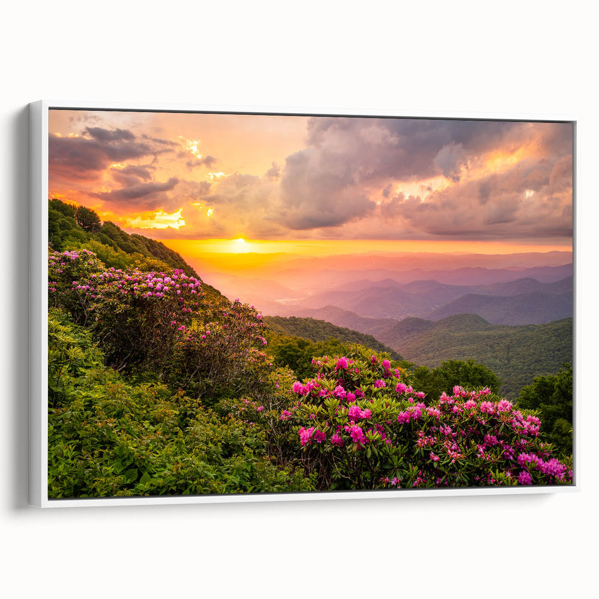 Framed canvas vintage poster art of Blue Ridge, North Carolina in colorful hues, ideal for living room decor.