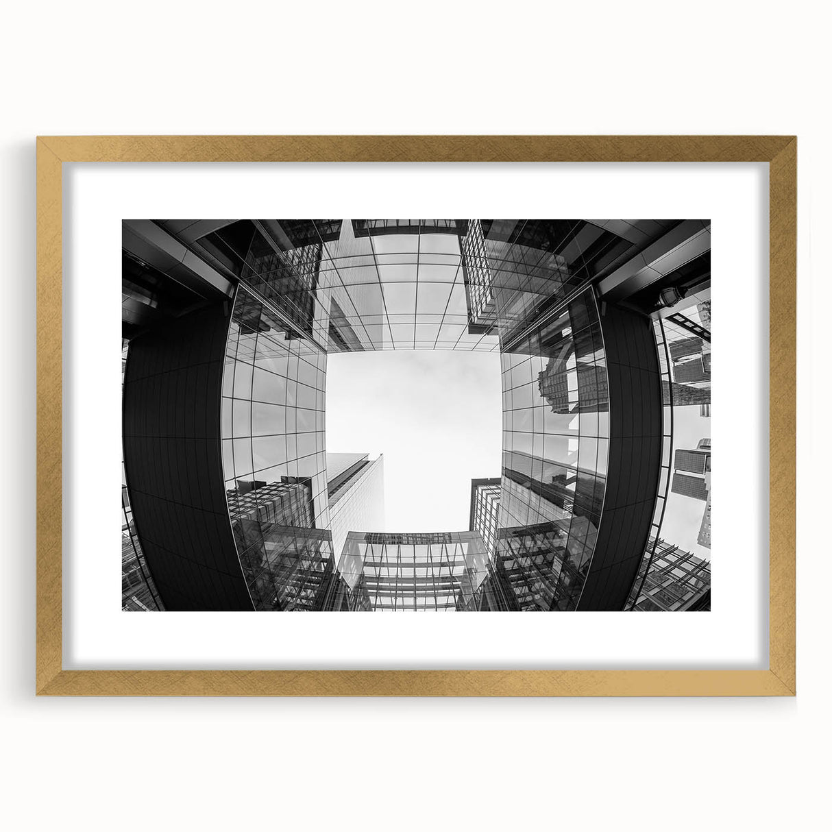 Extra large abstract art print of Charlotte skyline in muted gray and gold tones, framed with a mat.