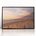 Large abstract wall art depicting the Outer Banks in muted blue and gray tones, framed in black acrylic.