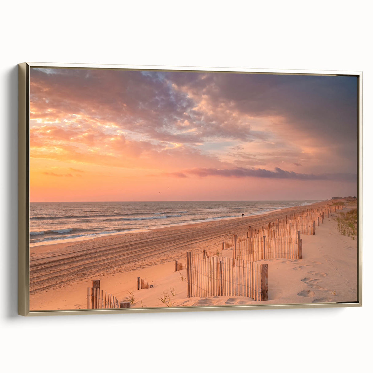 Framed canvas depicting a vintage-style landscape of the Outer Banks in black and gold tones, ideal for bedroom wall art.