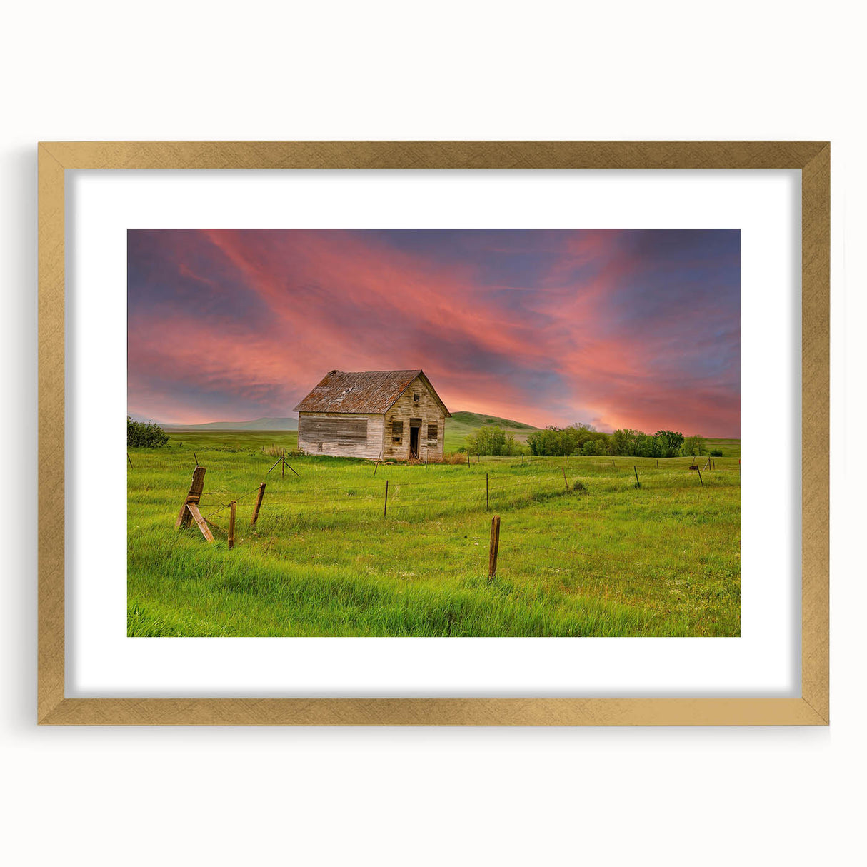 Extra large abstract art print depicting a textured North Dakota scenery in muted earth tones, framed in gold.