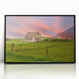 Large abstract wall art depicting North Dakota scenery in muted earth tones, framed in black acrylic.