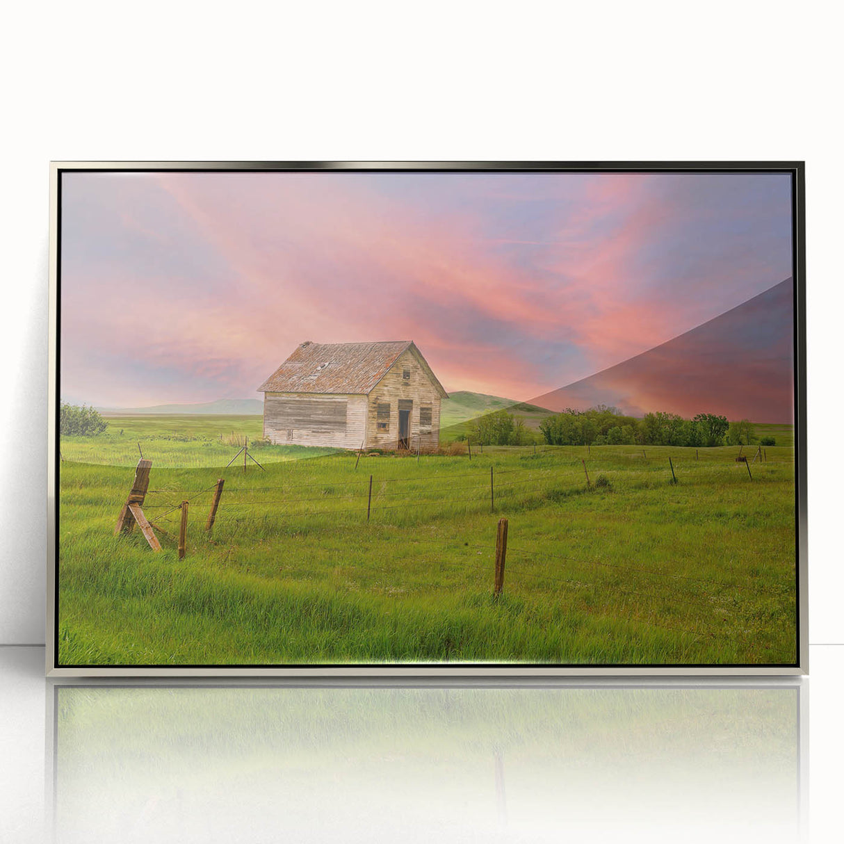Mid-century modernist art depicting North Dakota scenery in muted earth tones on a silver-framed acrylic print.