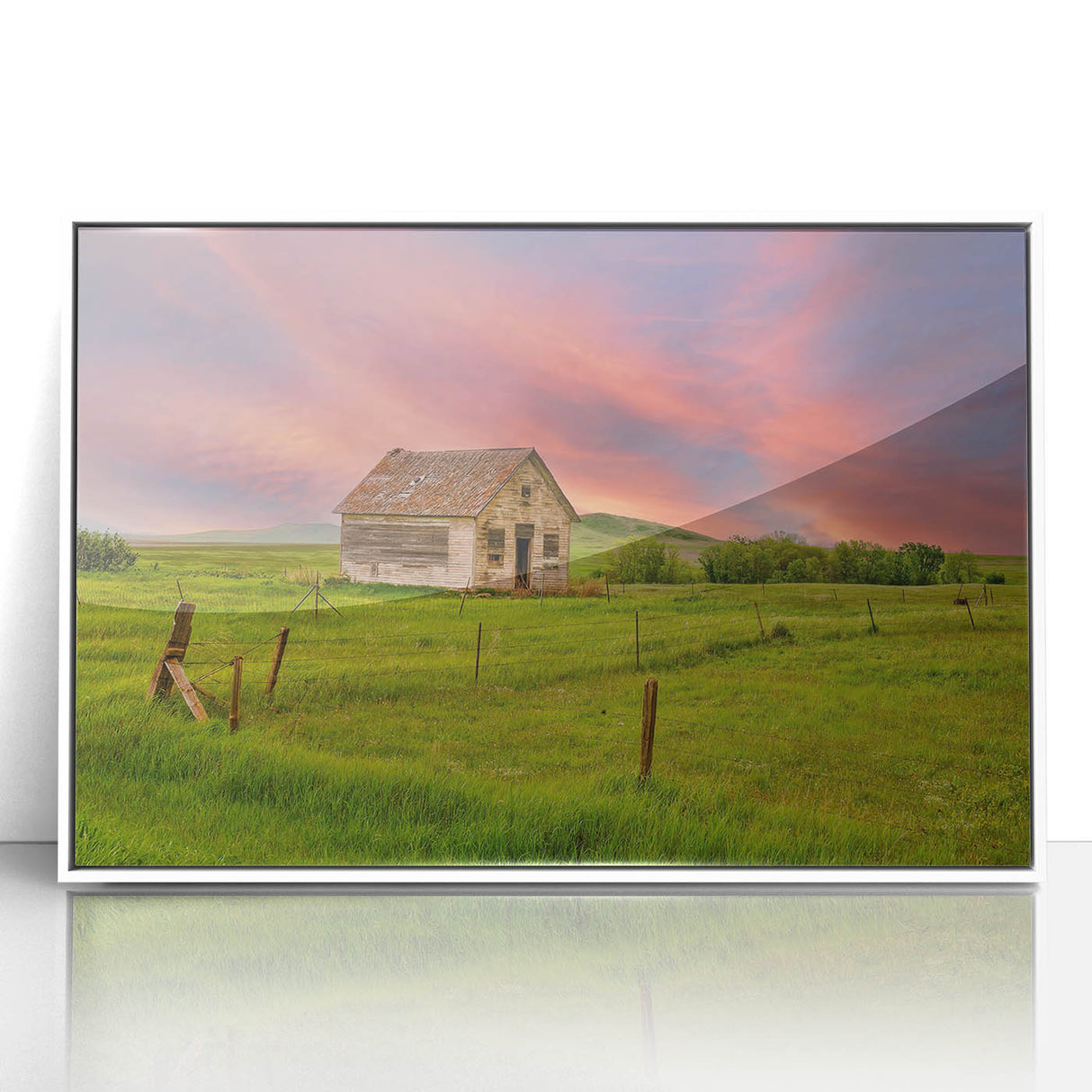 Acrylic print of North Dakota scenery in art deco style, framed in white, suitable for modern nursery decor.