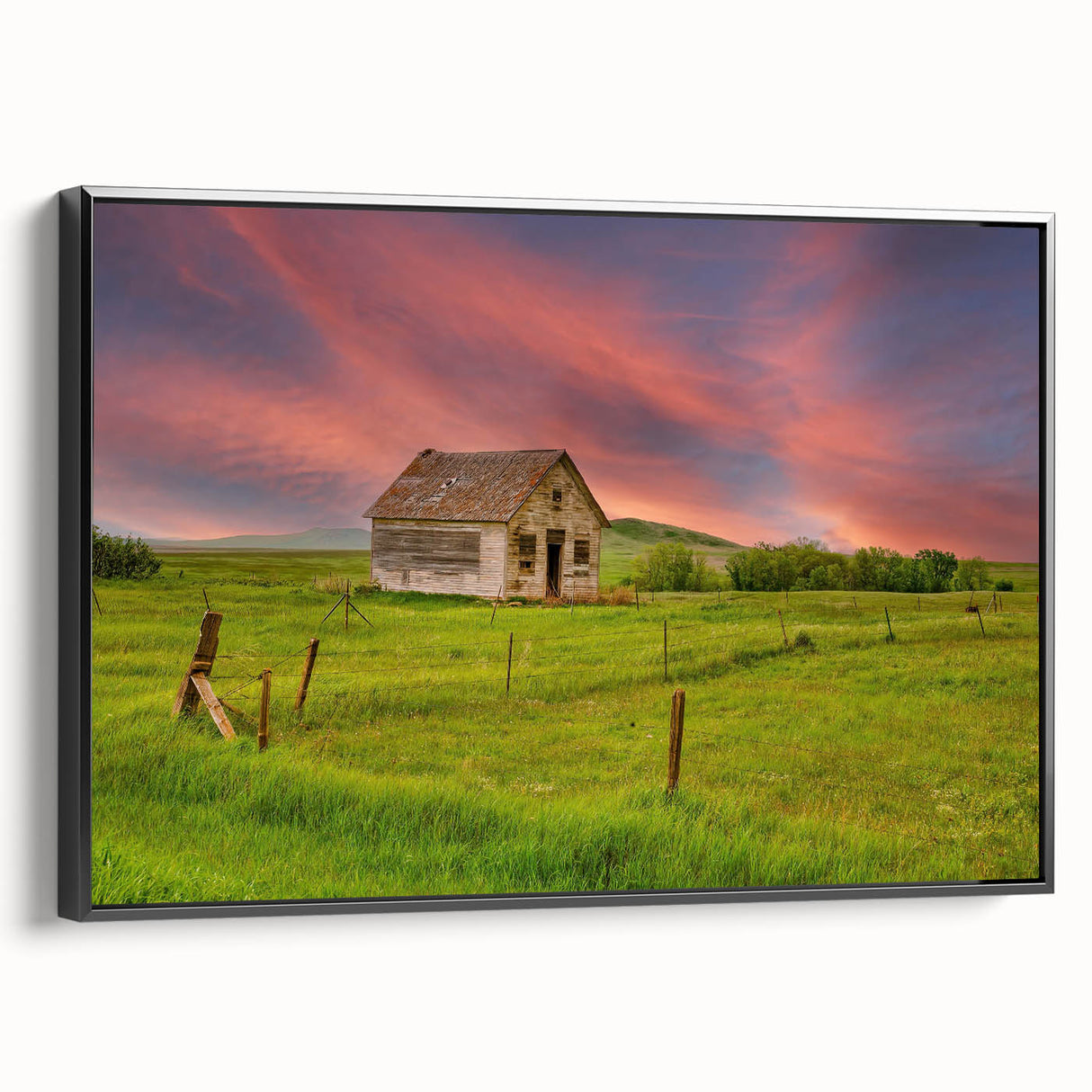 Black and white landscape art painting of a North Dakota scene on a framed canvas, ideal for bedroom wall decor.
