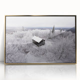 Mid-century modernist style large art print of Adirondacks scenery in gold acrylic frame, suitable for modern art wall decor.
