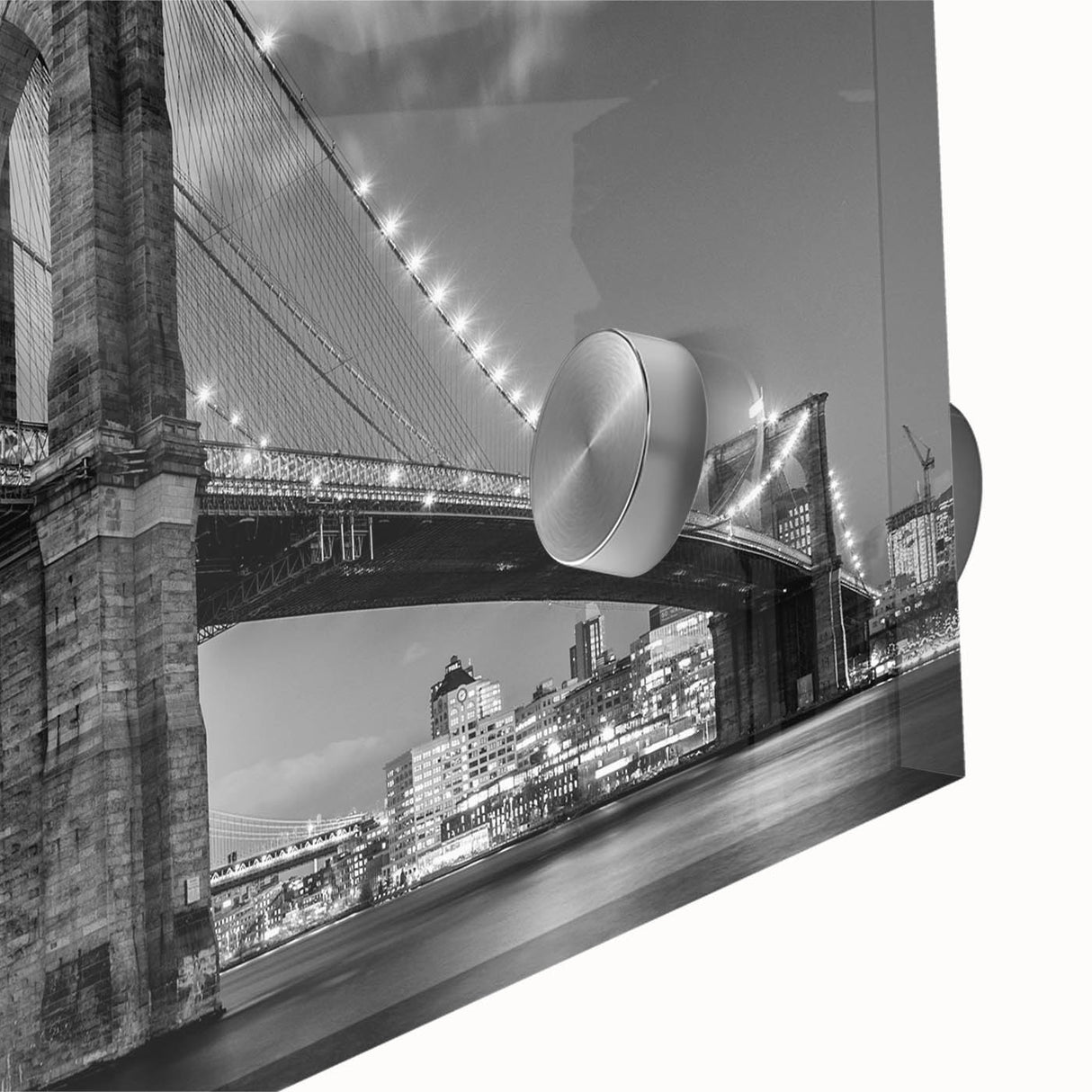 Acrylic print of the Brooklyn Bridge in muted gray and blue tones.